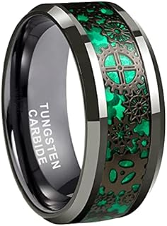 TUTISS 8mm Gunmetal Tungsten Rings for Men Women Wedding Bands Blue Green Red Carbon Fiber Steampunk Gear Inlay Beveled Edges Polished Comfort Fit