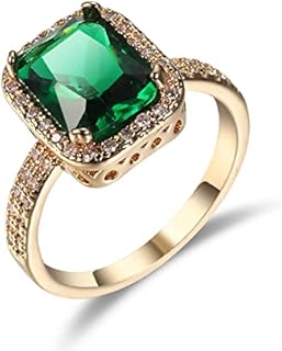 Women's Classic Yellow Gold Plated Green Simulated Emerald Cocktail Solitaire Rings, Engagement Ring with Emerald Cut Gemstones CZ Birthstone Jewelery