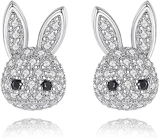 Women's Cubic Zirconia Bunny Stud Earrings with Push-Back Closure - Brass Drop Design Easter Jewelry