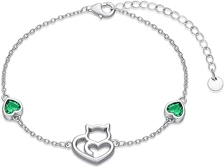 Dorunmo Cat Bracelets 925 Sterling Silver Birthstone Anklet Bracelet Adjustable Beach Cat Jewelry Gifts for Women Girls Teens Cat Lovers