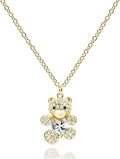 Women's Dainty Gummy Bear Pendant Necklace with 14K Gold Plating, Cubic Zirconia Heart Crystal, and Cable Chain