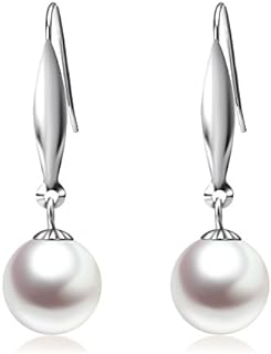 18K White Gold Dangle Earrings with 9mm Cultured Freshwater Pearls and French Wire Back Findings for Women
