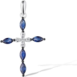 Santuzza 10K White Gold Sapphire Cross Pendant with Genuine Diamonds - Elegant Women's Jewelry Without Chain