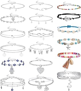 Sanfenly Ankle Bracelets for Women, Ankle Jewelry, Gold Silver Cute Summer Boho Beach Shell Butterfly Rhinestone Beaded Evil Eye Snake Heart Turtle Hamsa Sun Elephant Wave Flower Starfish Coin Rose Star Infinity Pearl Charms Layered Anklet Set Adjustable