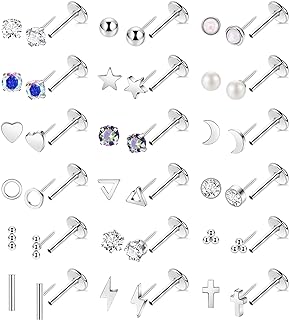 Masedy 18Pairs 18G Surgical Steel Threadless Stud Earring for Women Men Push in Helix Cartilage Earrings Studs CZ Hypoallergenic Heart Moon Star Flat Back Earring 6/8mm