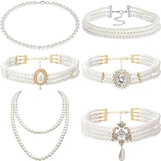 NEWITIN 6 Pieces Vintage Pearl Necklaces for Women Layered Pearl Rhinestone Choker Necklace 1920s Pearl Necklace Dainty Wedding Bridal Bridesmaid Jewelry for Women Girls