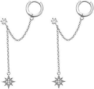 Star 925 Sterling Silver Double Piercing Earrings Huggie Cuff Chain for Women Teen Girls 2 Holes CZ Charm Dangle Drop Small Hoop Earrings Cartilage Climber Jewelry