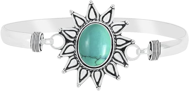Spring Ring Clasp, 12x16mm Oval Turquoise Gemstone Bangle, Silver Plated, Handcrafted Jewelry for Elegant Women - Traditional Indian Design