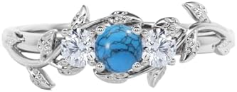Antique White Gold Turquoise Engagement Ring for Women with Round-cut Gem Leaf Design