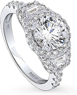 BERRICLE Sterling Silver 3-Stone Wedding Engagement Rings Round Cubic Zirconia CZ Halo Ring for Women, Rhodium Plated Size 4-10