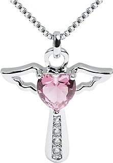 Women's Angel Wing Heart Cross Pendant Necklace with Crisscross Chain and Lobster Clasp, Birthstone Cubic Zirconia and Copper Design - Perfect Gift for Valentine's or Birthday