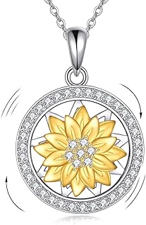 925 Sterling Silver Sunflower Necklace for Women - Round Spinning Sunflower Flower Pendant Necklace with Cubic Zirconia, Sparkling Spinnable Daisy Jewelry for Teenage Girls