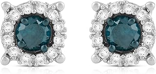 Jewelili Sterling Silver 1/4 Cttw Black or Blue and White Diamond Round Stud Earrings
