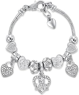 Charm Bracelet for Women, Heart Shape Glass Beads Sliver CZ Cross Snake Chain Bracelet, Trendy Charm Bracelet Jewelry Gifts for Women Girls