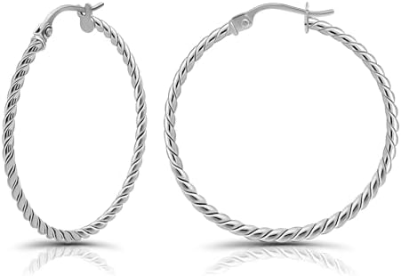 Hoops & Loops 925 Sterling Silver Twist Rope Round Hoop Earrings for Women Teen Girls, 15mm 20mm 25mm 30mm 35mm Silver, Yellow Gold, Rose Gold