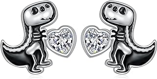 S925 Sterling Silver Dinosaur Stud Earrings with Heart Cubic Zirconia & Push-Back Design - Hypoallergenic Vintage Jewelry Gifts for Women and Girls