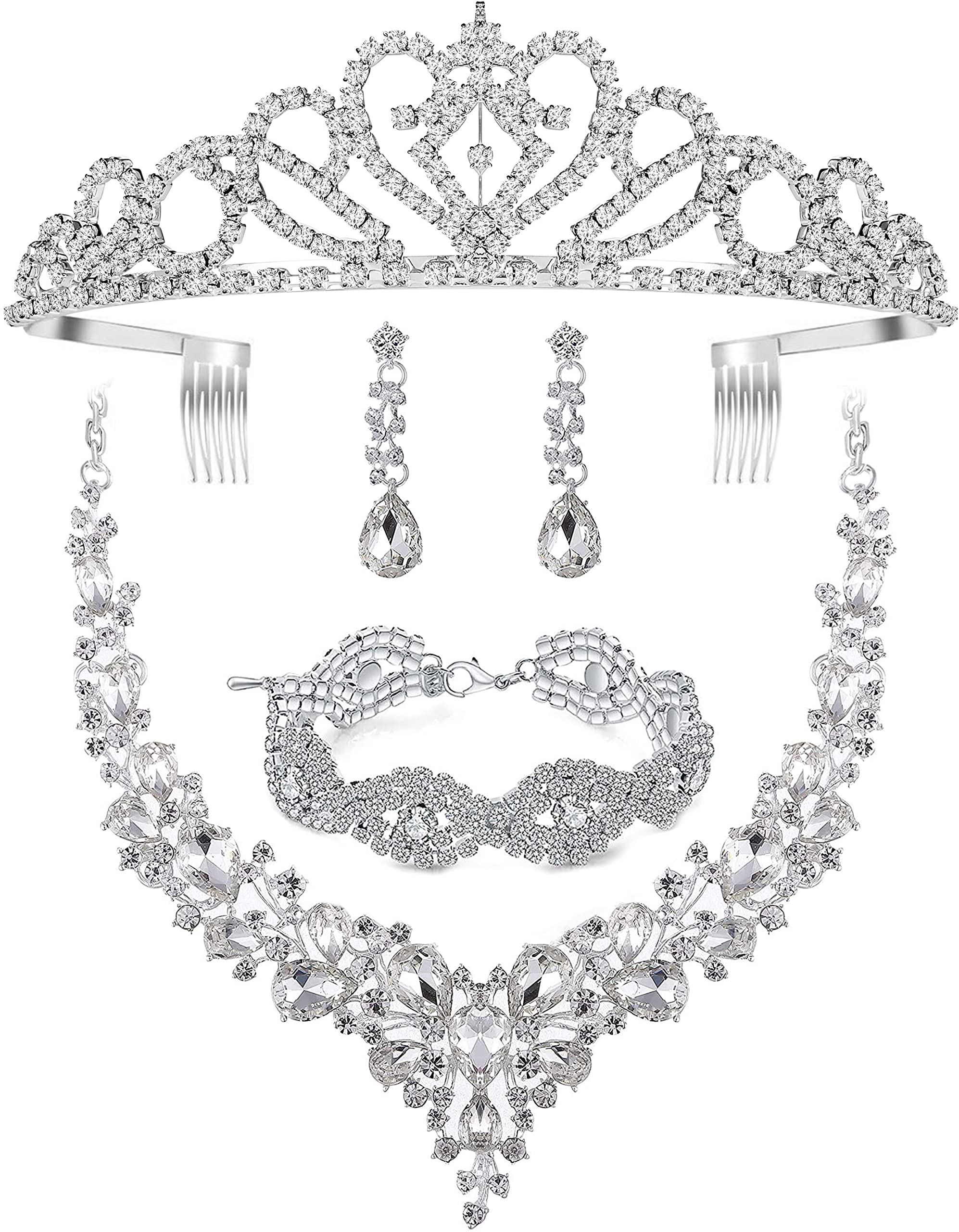 Elegant Gold/Silver Plated Crystal Bridal Jewelry Set with Lobster Clasp - Statement Choker Necklace, Link Bracelet, Teardrop Earrings for Women and Bridesmaid - Ideal for Wedding/Prom Events