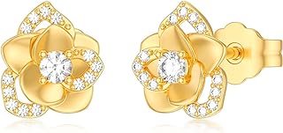 14K Yellow Gold Rose Flower Stud Earrings with Cubic Zirconia and Push-Back Design - Hypoallergenic for Women and Girls