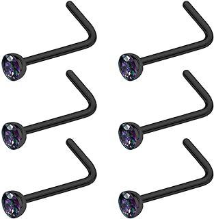 20G 18G Nose Ring for Women Men Black Silver Gold Stainless Steel Nose Rings Studs Clear CZ L Shaped Nose Studs Nose Screw Bone Rings Set Nose Nostril Piercing Jewelry