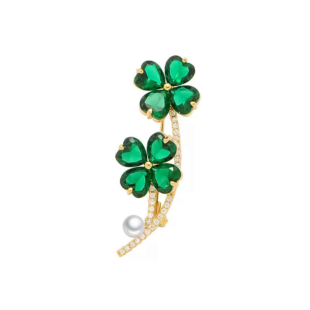 Distinguished Emerald Green Cubic Zirconia Brooch with Clever Clover Design, Perfect for Women's Fashion and Special Occasions
