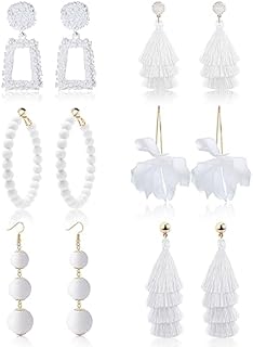 Florideco 6 Pairs Tassel Earrings Raffia Earrings Statement Earrings Dangle Geometric Earrings Fringe Drop Handmade Earrings Hot Pink Earrings for Women Girls