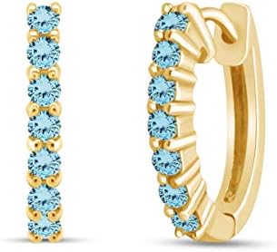 Sterling Silver Aquamarine Hoop Earrings with Hidden Snap Posts, White Gold Plated and Yellow Gold Accent - Round Design, for Women