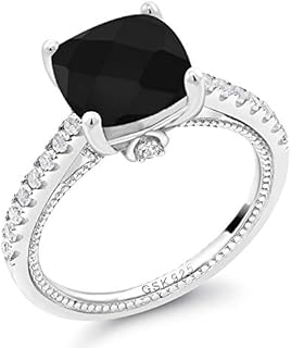 Gem Stone King 925 Sterling Silver Black Onyx and White Created Sapphire Engagement Ring For Women (4.07 Cttw, Cushion Checkerboard Cut 10MM, Gemstone Birthstone, Available In Size 5, 6, 7, 8, 9)