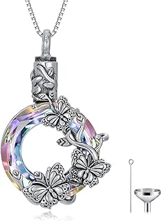 Box Chain 925 Sterling Silver Butterfly Pendant Urn Necklace for Women, Forget Me Not Flower/Cross/Butterfly/Lotus/Tree of Life Designs, Cremation Jewelry for Human and Pet Ashes