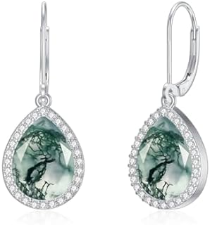 Leverback Moss Agate Drop Earrings - 925 Sterling Silver Dangle Design, Hypoallergenic Jewelry for Women and Girls, Ideal Birthday Gift