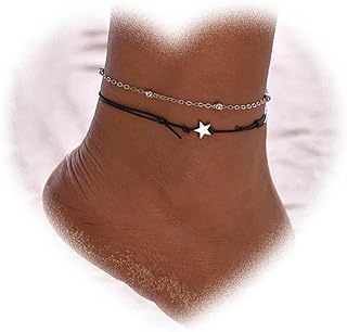 Lobster Claw Clasp Star Anklet with Bead Chain for Women - Woven Rope and Alloy Material, Bohemian Layered Black Design - Perfect Gift for Girls