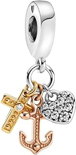 Bellestory Triple-Tone Cross, Heart & Anchor Dangle Charm 925 Sterling Silver Bead fit Women European Bracelet Necklace