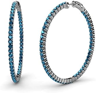 14K White Gold Blue Diamond Hoop Earrings with Hidden-Snap-Posts for Women, Inside-Out Design