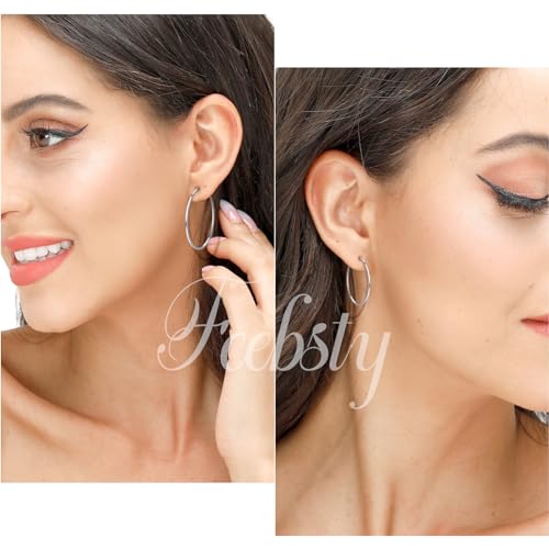 3 Pairs Sterling Silver Hoop Earrings - White Gold Plated Hoop Earrings Large Hoop clip-on Earrings Set Hypoallergenic Fashion Jewelry Gifts for Women 20/30/40mm（2 colors）