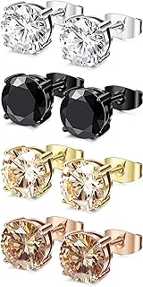 FIBO STEEL 4 Pairs Stainless Steel Stud Earrings for Men Women Ear Piercing Earrings Cubic Zirconia Inlaid,3-8 mm
