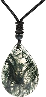 Authentic Moss Agate Bead Necklace with Rope Chain for Women, Unique Teardrop-Shaped Design, Adjustable Length
