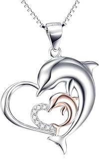 Mothers Day Gifts Dolphins Jewelry 925 Sterling Silver Two-tone Eternal Love Double Heart Dolphin Pendant Necklace for Women (Rose gold dolphin necklace 18'')