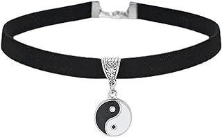 Women's Yin Yang Choker Necklace, Black Leather Collar with Durable Alloy Cable Chain for Bold, Edgy Style: Perfect for Halloween, Graduation, and Cosplay Events