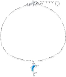 Lobster Claw Clasp+Dolphin Motif Anklet+Cable Chain+Created Blue Opal Gemstones+For Women+Starfish/Turtle/Seashell/Anchor/Palm Tree Design
