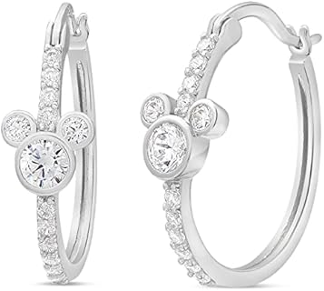 Disney Jewelry for Women Mickey Mouse or Minnie Mouse Birthstone Cubic Zirconia Hoop Earrings, Sterling Silver