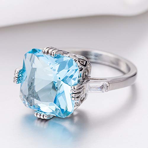 KOICCVQQ Vintage Fashion Women 925 Sterling Silver Cut Aquamarine Cubic Zircon Blue Topaz Four Claw Engagement Wedding Ring Cocktail Knuckle Stacking Finger Rings (Size 9)