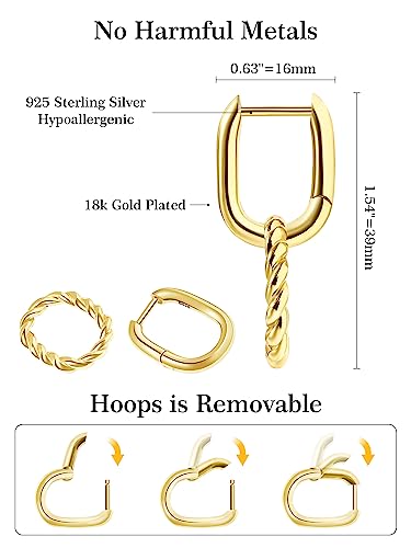 18K Gold Earrings Sterling Silver Hoop Drop Dangle Earrings Paperclip Detachable Link Chain Huggie Earrings for Women Jewelry Gifts