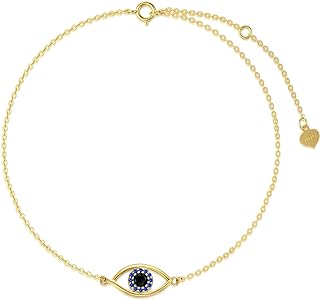 Spring Ring Clasp Mother Daughter Anklets, 14K Real Gold, Rolo Chain, Adorned with Cubic Zirconia Gems, Ideal for Wife/Girlfriend, Evil Eye Design