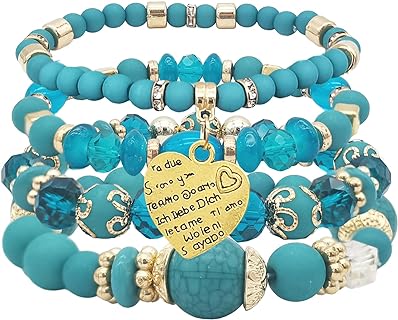 Stretch Clasp and Acrylic Beaded Monogram Bracelet - Bohemian Bead Chain Design - Ideal Jewelry Gift for Women and Girls - Boho-Chic with Heart Amulet Accents