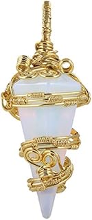 Opalite Crystal Pendulum Necklace with Cable Chain for Women and Men - Gold Plated Lobster Claw Clasp - Handmade Wire Wrapped TUMBEELLUWA Healing Pendant for Meditation and Dowsing