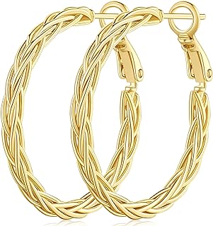 14K Yellow Gold Paddle Back Hoop Earrings for Women, Amoxos Fine Weave Design, Luxury Lightweight Jewelry without Gemstone, 30mm Diameter
