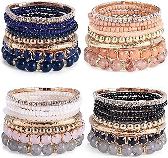 Crystal Beaded Bohemian Bracelet Sets with Spring Ring Clasp and Bead Chain - MILACOLATO 4 Sets for Women - Vibrant Multi-Layered Natural-Stone Stretch Bracelets