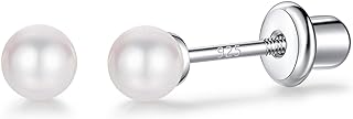 LUCKMORA 925 Sterling Silver Small Pearl Earrings with safety backs in 4mm White Simulated Pearl Hypoallergenic Screwback Earrings for Women (pearl-w4mm)