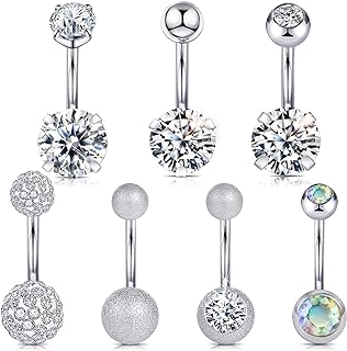 14G Surgical Steel Diamond Belly Ring with Cubic Zirconia for Women, Hypoallergenic Button Barbs Body Piercing Set of 7