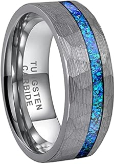 8mm Hammered Tungsten Rings for Men Women Engagement Wedding Bands Geunine Blue Opal Inlay Matte Finish Comfort Fit