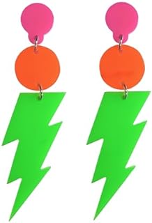 Men's Retro 80s Neon Lightning Dangle Earrings with French Wire Back Finding, Acrylic and Zinc Material